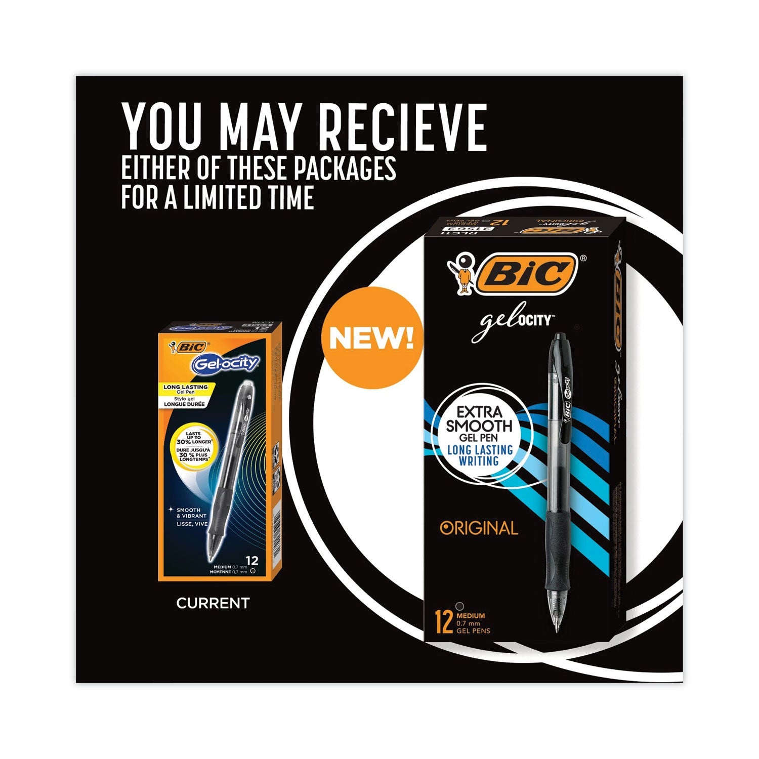 BIC Gel-ocity Gel Pen, Retractable, Medium 0.7 mm, Black Ink, Translucent Black Barrel, Dozen