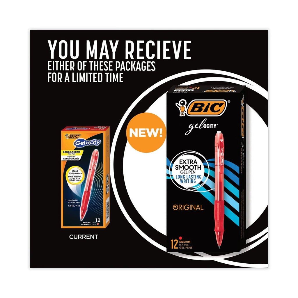 BIC Gel-ocity Gel Pen, Retractable, Medium 0.7 mm, Red Ink, Translucent Red Barrel, Dozen