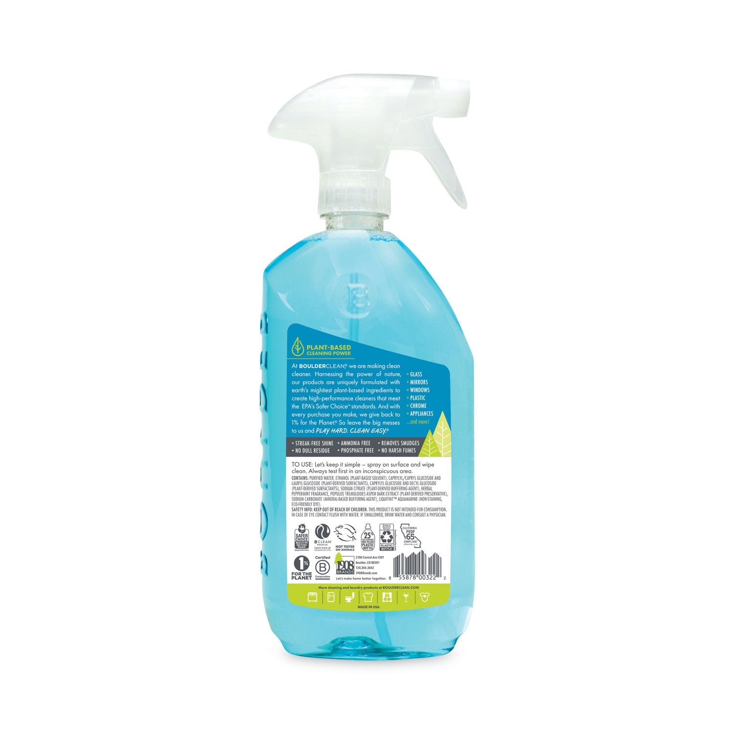 Boulder Clean Glass + Surface Cleaner, Herbal Peppermint, 28 oz Bottle, 6/Carton