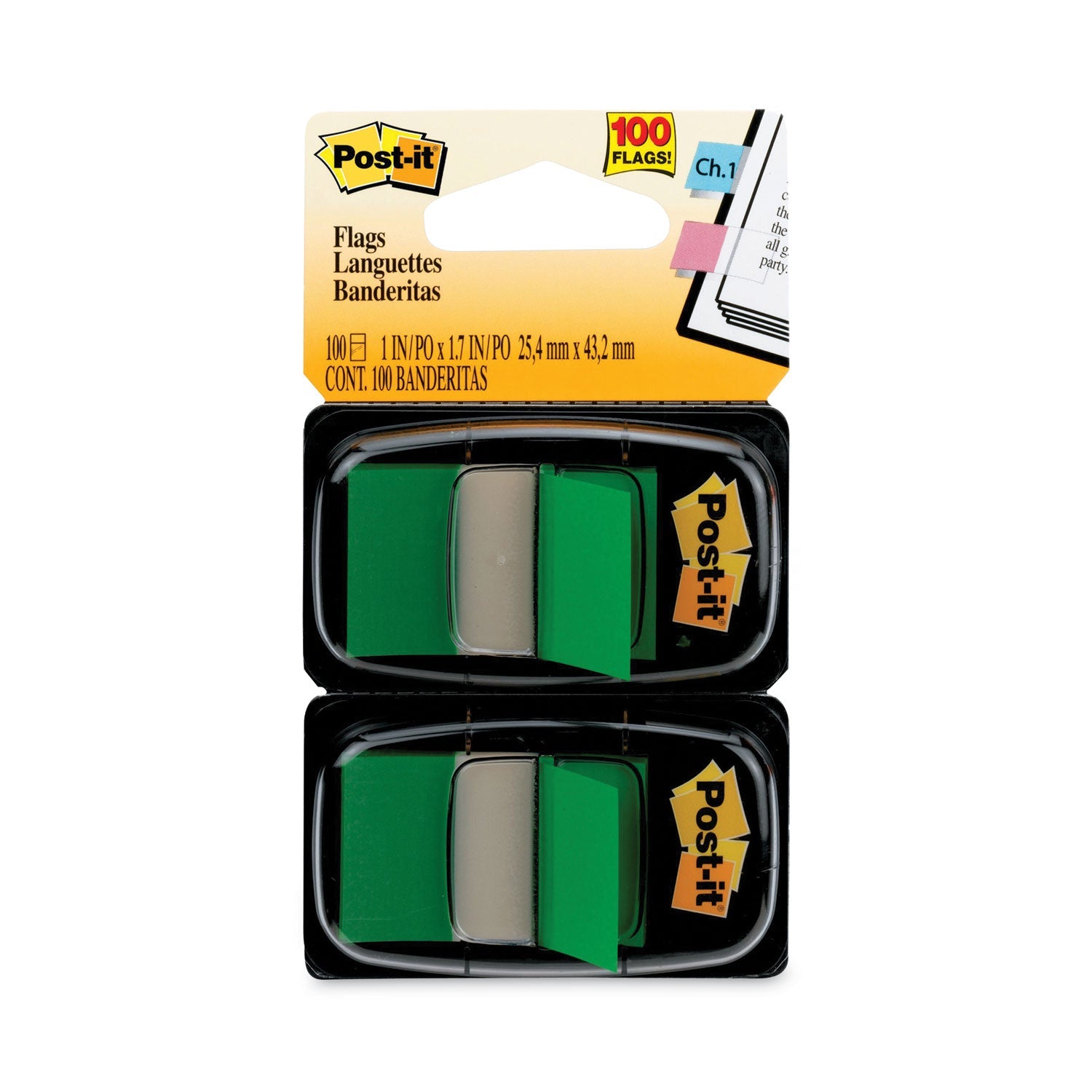 Post-it Standard Page Flags in Dispenser, Green, 100 Flags/Dispenser