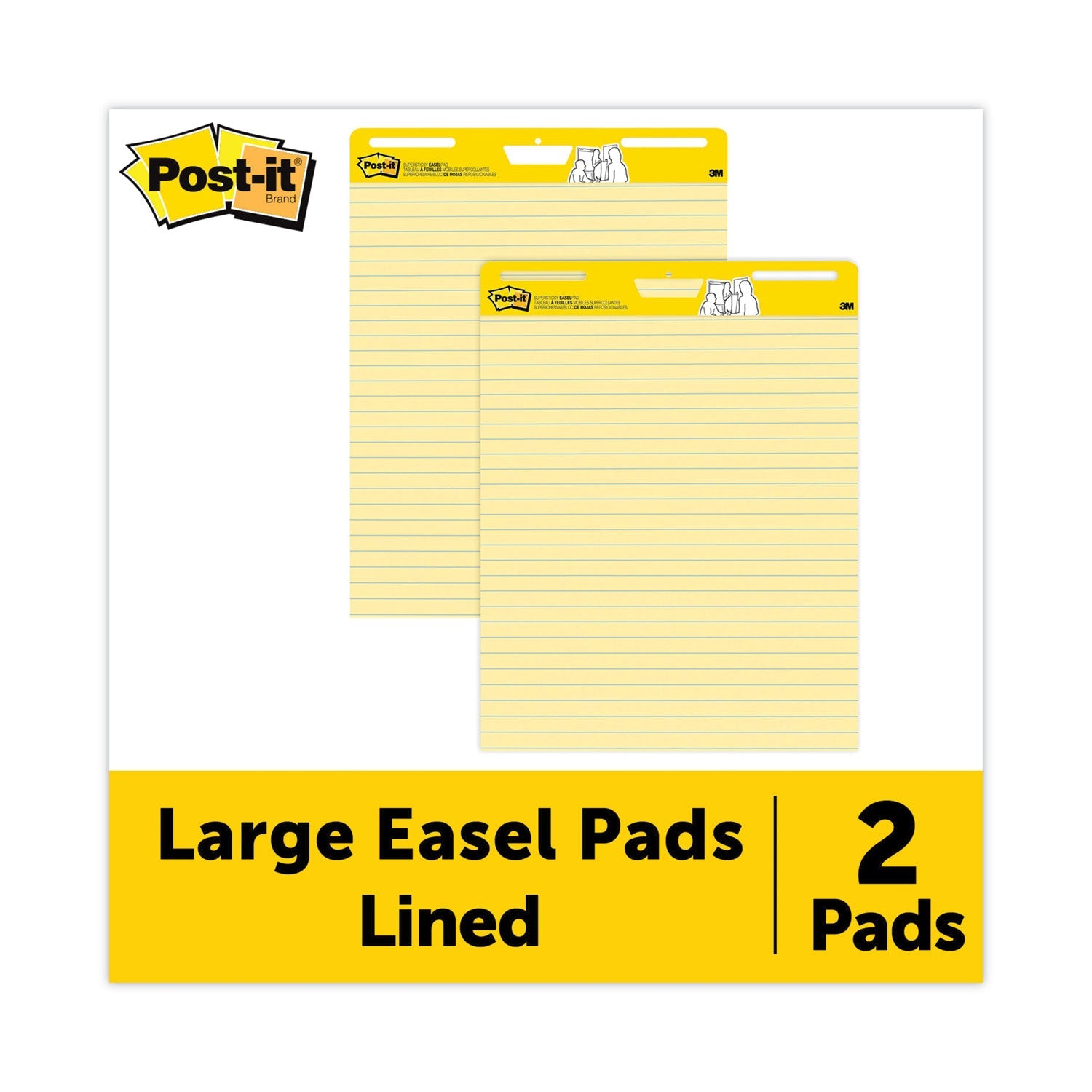 Post-it Vertical-Orientation Self-Stick Easel Pads, Presentation Format (1.5" Rule), 25 x 30, Yellow, 30 Sheets, 2/Carton