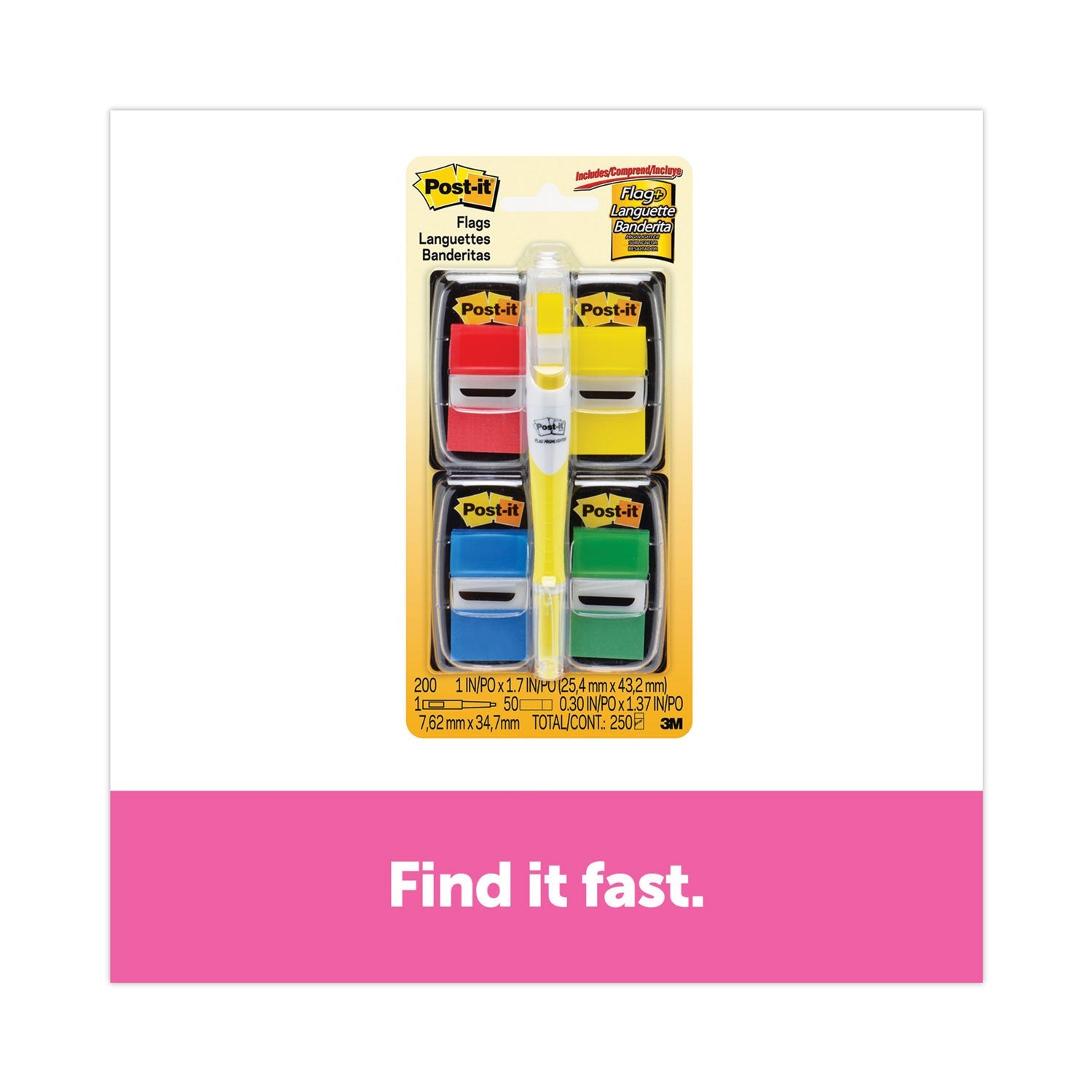 Post-it Page Flag Value Pack, Assorted, 200 1" Flags + Highlighter with 50 0.5" Flags