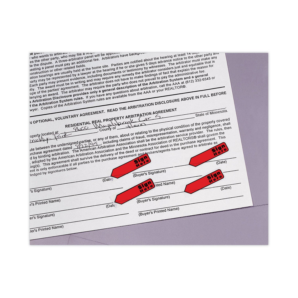 Post-it Arrow Message 0.5" Page Flags in Dispenser, "Sign Here", Red, 20 Flags Dispenser, 4 Dispensers/Pack