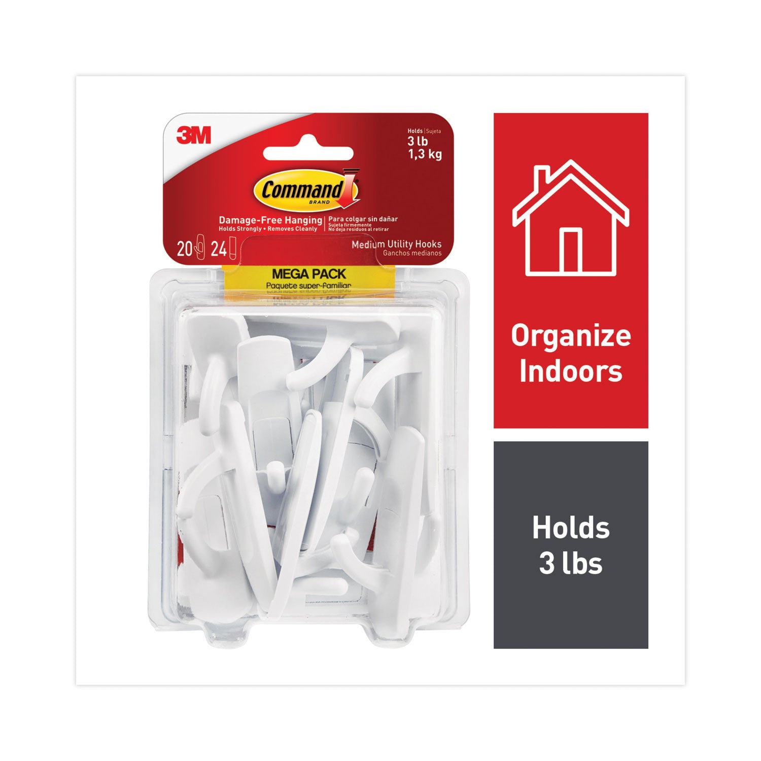 Command General Purpose Hooks, Medium, 3 lb Cap, White, 20 Hooks and 24 Strips/Pack