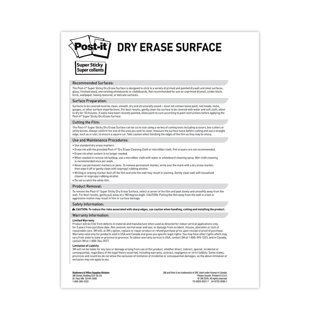 Post-it Dry Erase Surface, 50 ft x 4 ft, White