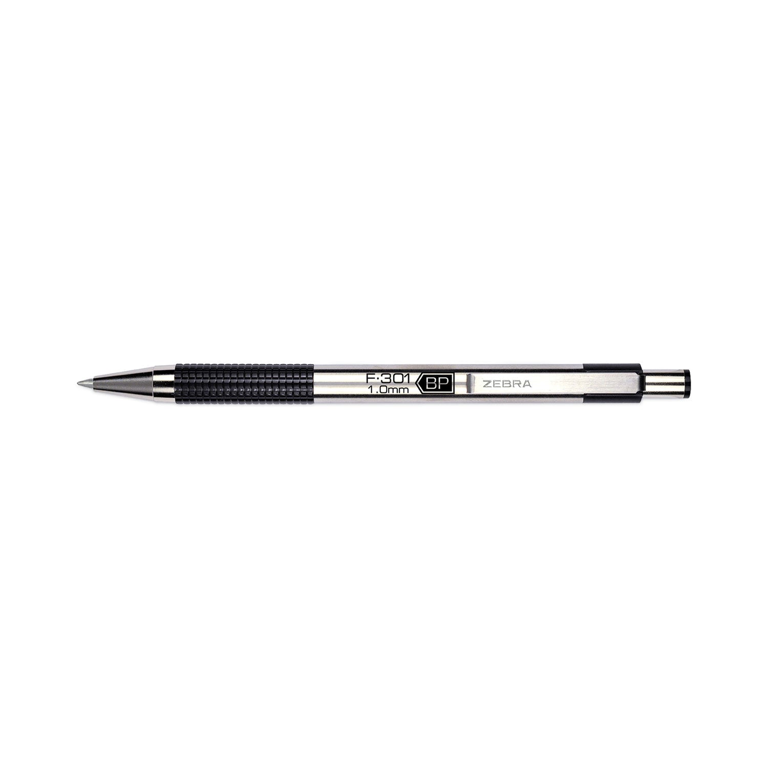 Zebra F-301 Ballpoint Pen, Retractable, Medium 1 mm, Black Ink, Stainless Steel/Black Barrel