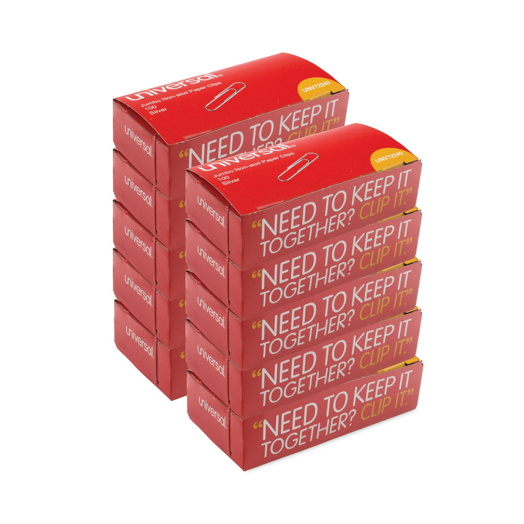 Universal Paper Clips, Jumbo, Nonskid, Silver, 100 Clips/Box, 10 Boxes/Pack