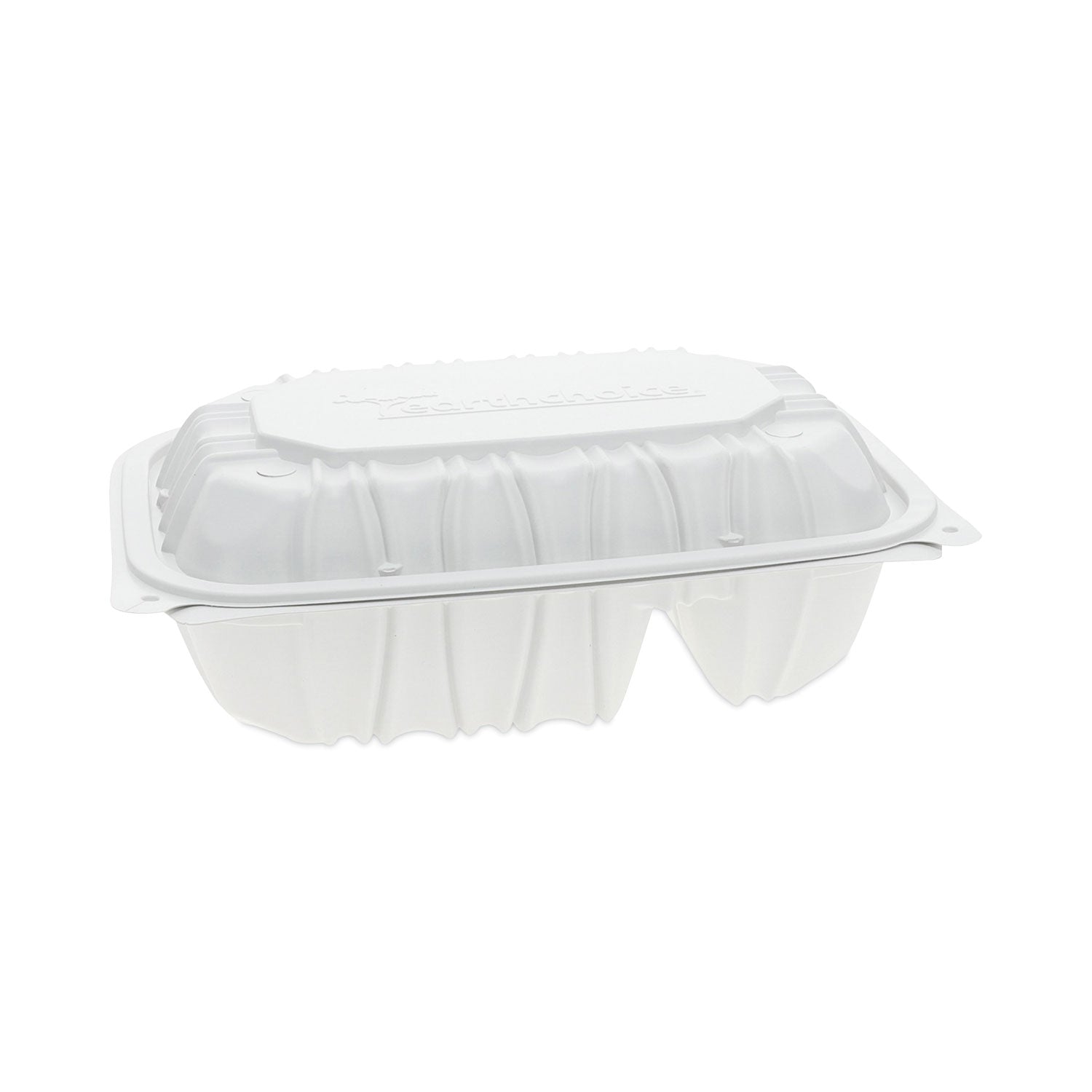 Pactiv Evergreen EarthChoice Vented Microwavable MFPP Hinged Lid Container, 2-Compartment, 9 x 6 x 3.1, White, Plastic, 170/Carton