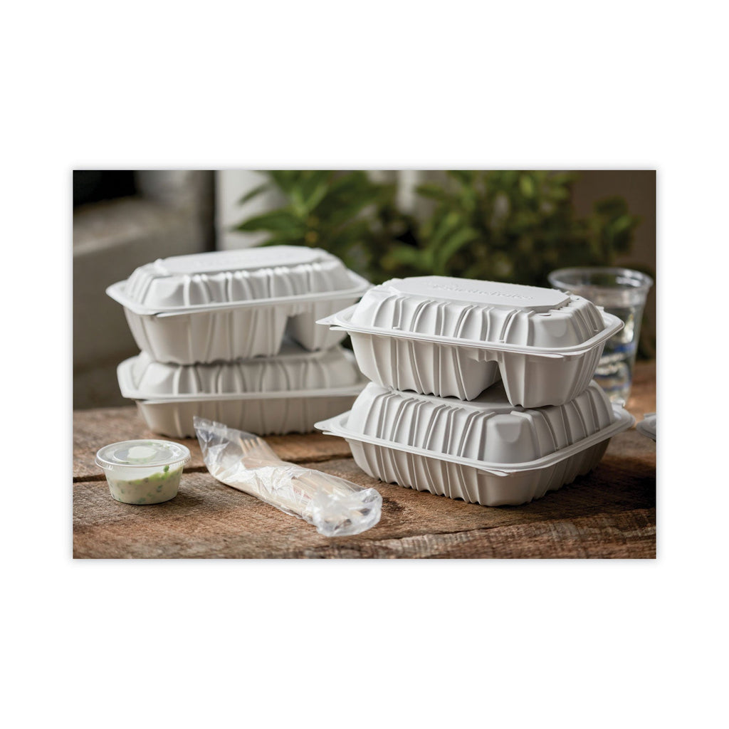 Pactiv Evergreen EarthChoice Vented Microwavable MFPP Hinged Lid Container, 2-Compartment, 9 x 6 x 3.1, White, Plastic, 170/Carton