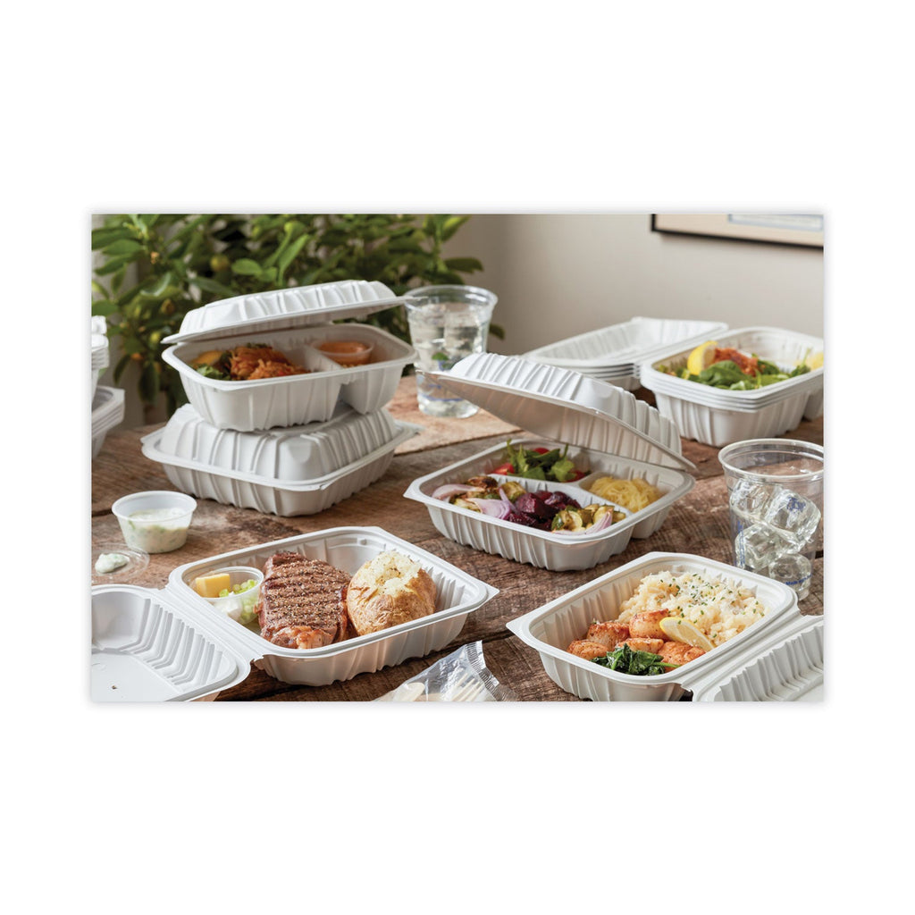Pactiv Evergreen EarthChoice Vented Microwavable MFPP Hinged Lid Container, 2-Compartment, 9 x 6 x 3.1, White, Plastic, 170/Carton