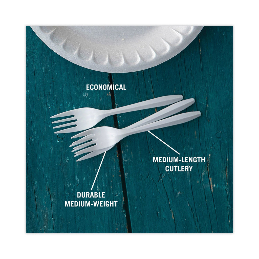 Pactiv Evergreen Fieldware Cutlery, Fork, Mediumweight, White, 1,000/Carton