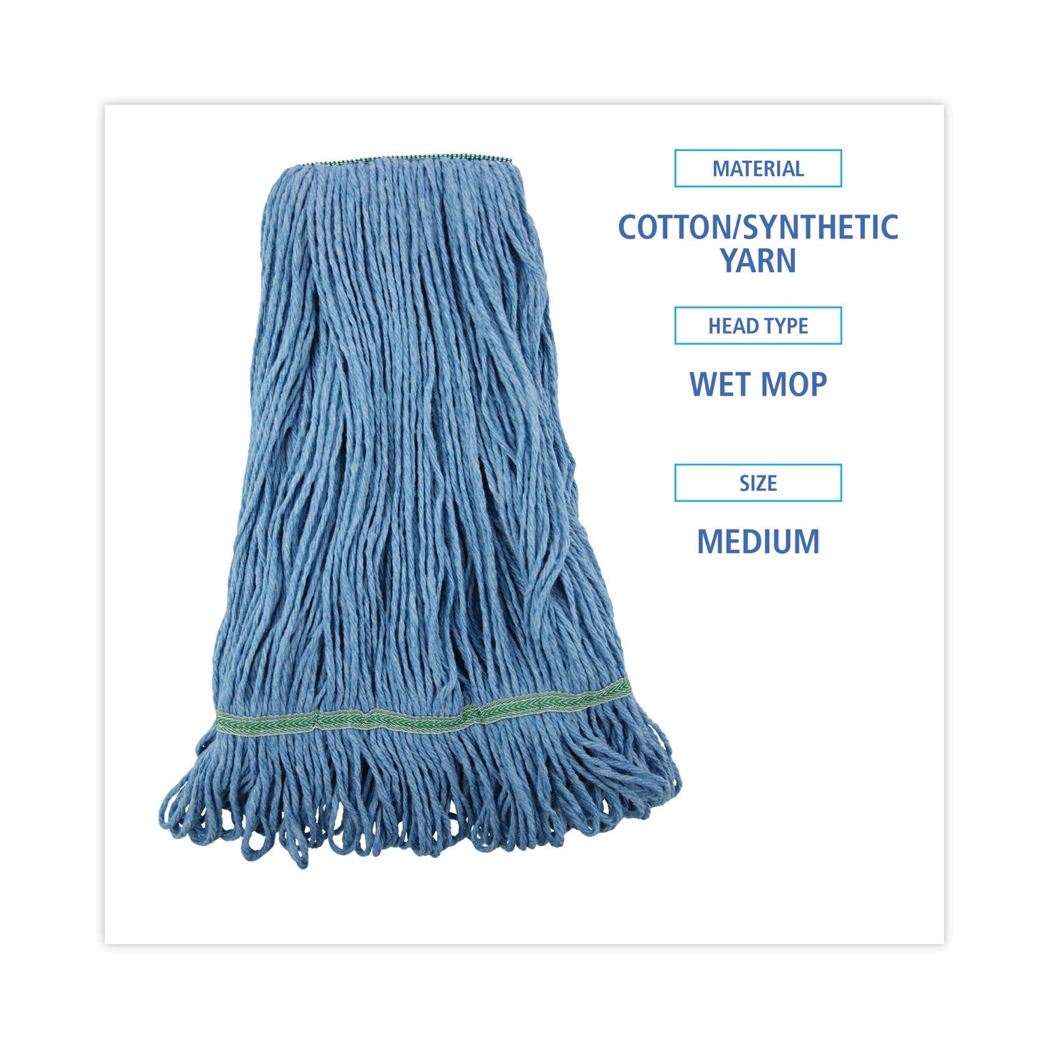Boardwalk Super Loop Wet Mop Head, Cotton/Synthetic Fiber, 1" Headband, Medium Size, Blue