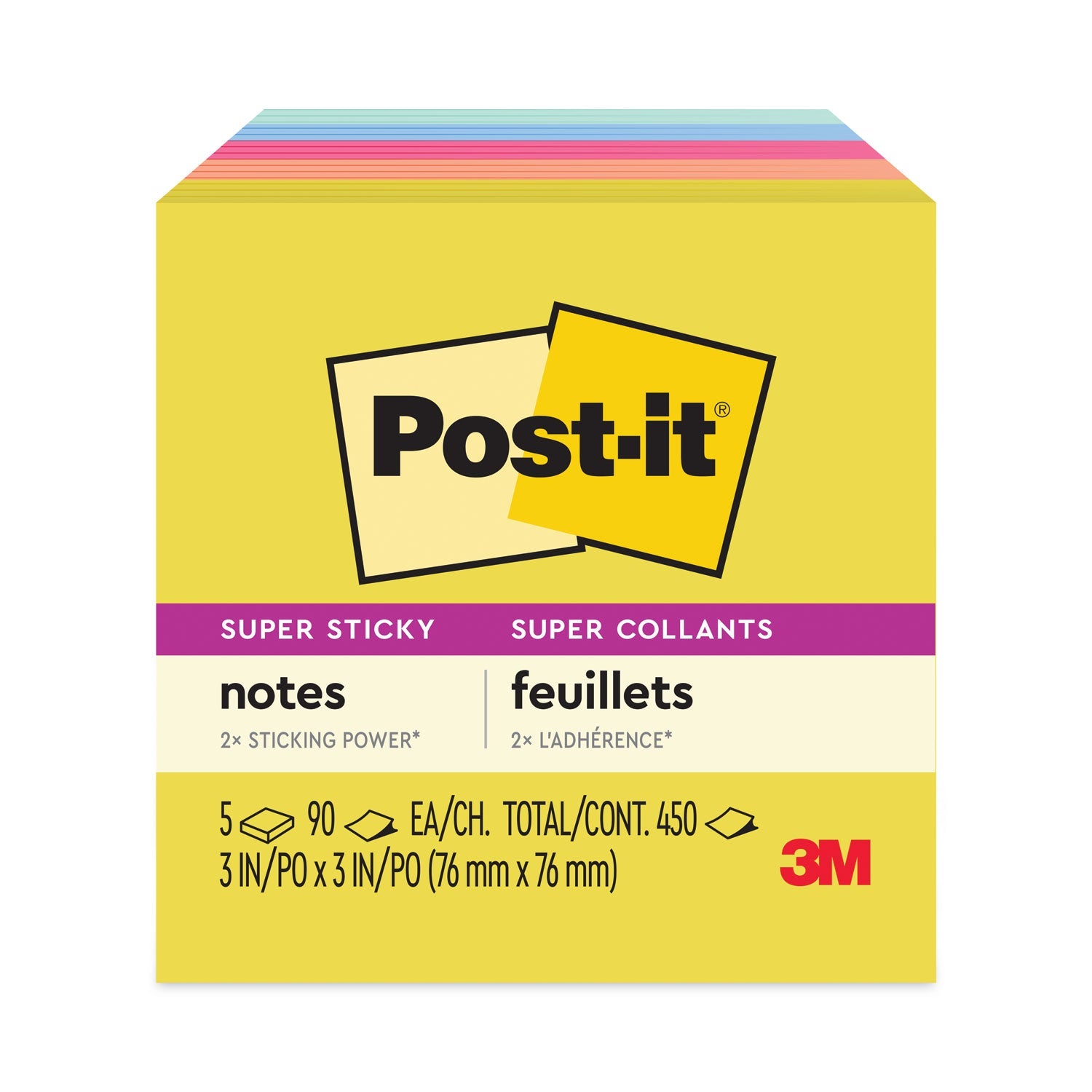 Post-it Note Pads in Summer Joy Collection Colors, 3" x 3", Summer Joy Collection Colors, 90 Sheets/Pad, 5 Pads/Pack