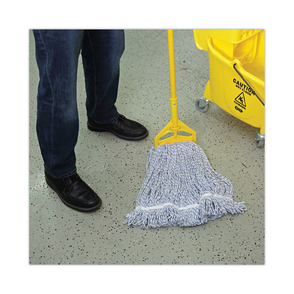 Boardwalk Mop Head, Floor Finish, Narrow, Rayon/Polyester, Medium, White/Blue, 12/Carton