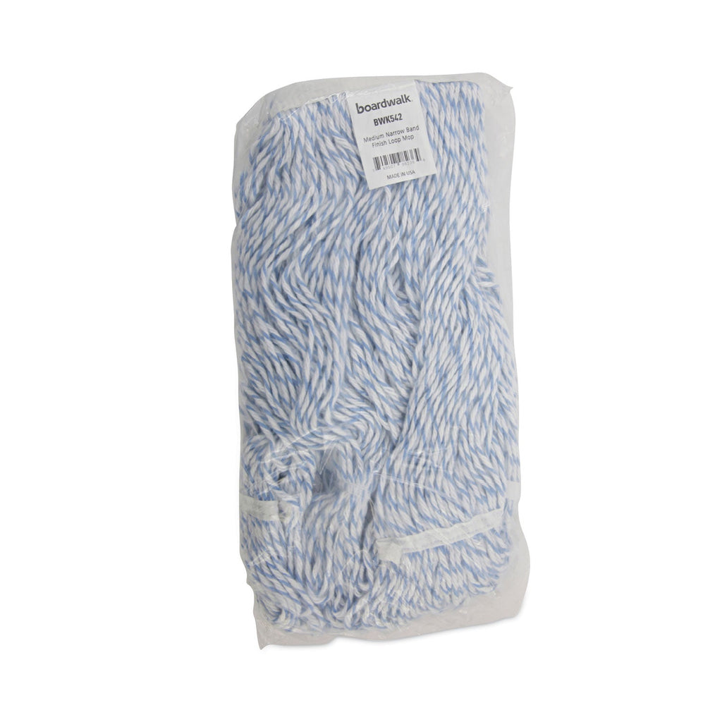 Boardwalk Mop Head, Floor Finish, Narrow, Rayon/Polyester, Medium, White/Blue, 12/Carton