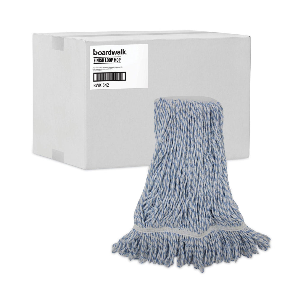 Boardwalk Mop Head, Floor Finish, Narrow, Rayon/Polyester, Medium, White/Blue, 12/Carton