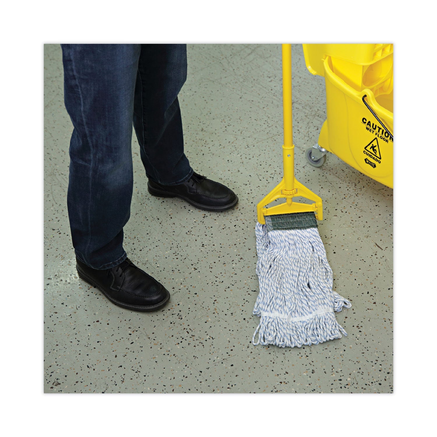 Boardwalk Mop Head, Floor Finish, Wide, Rayon/Polyester, Medium, White/Blue, 12/Carton
