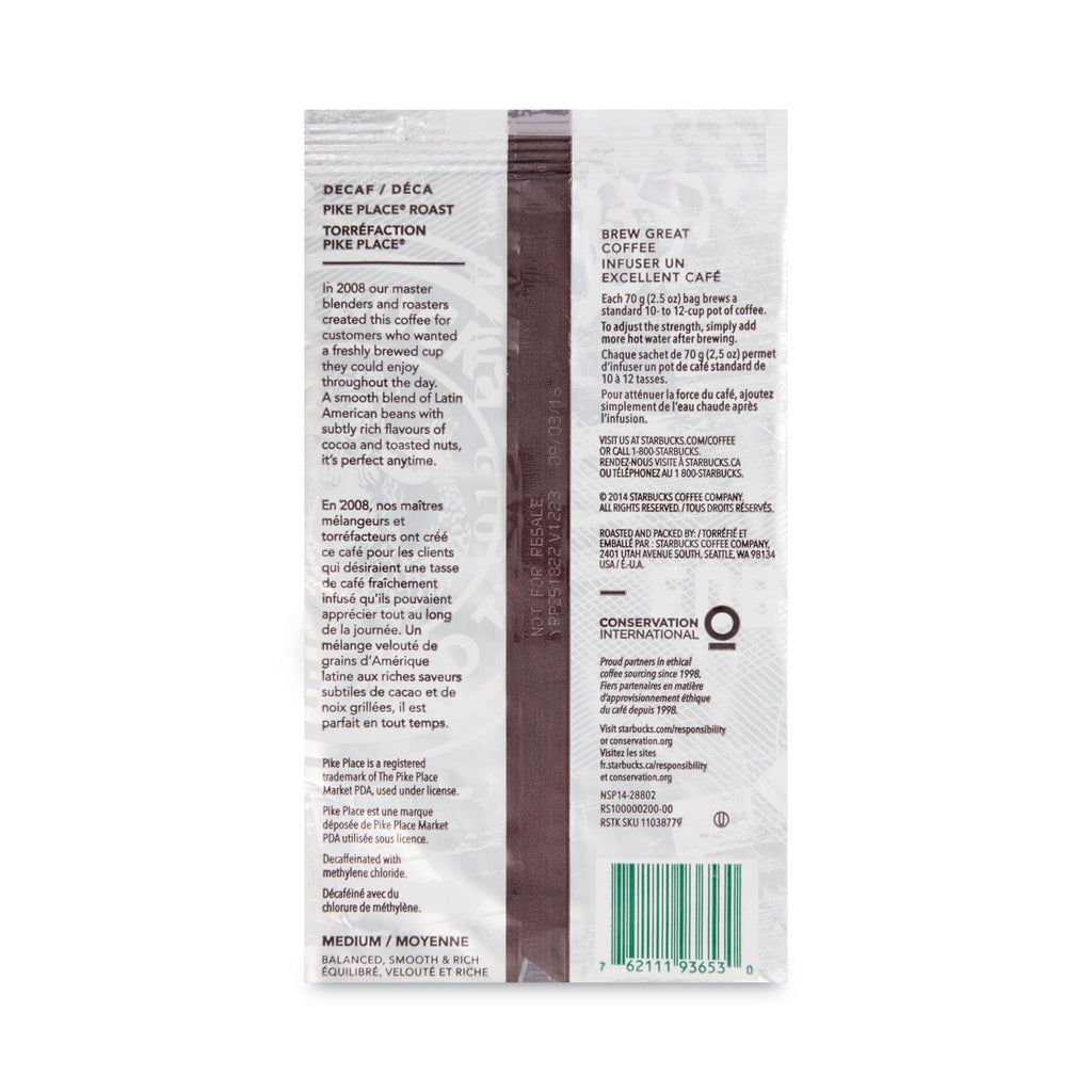 Starbucks Coffee, Pike Place Decaf, 2 1/2 oz Packet, 18/Box