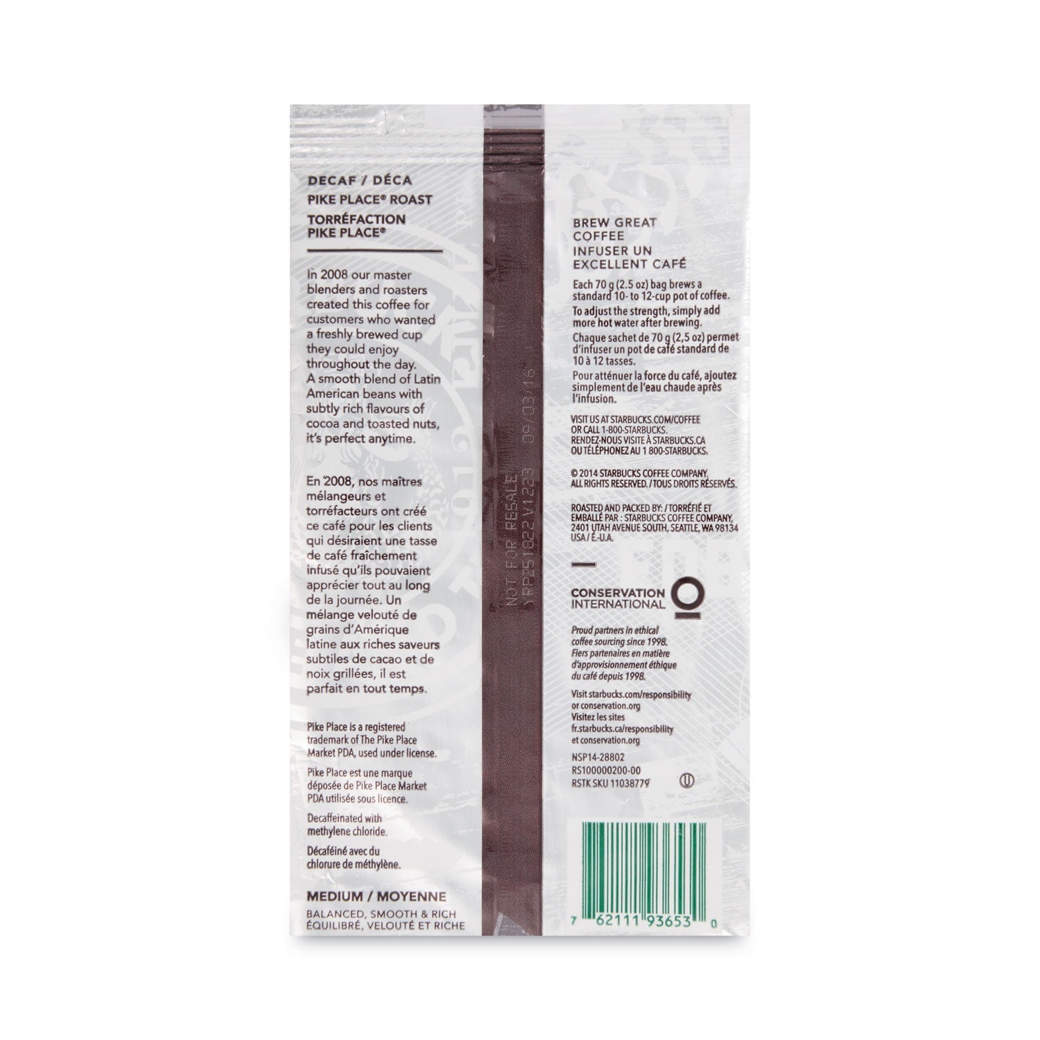 Starbucks Coffee, Pike Place Decaf, 2 1/2 oz Packet, 18/Box