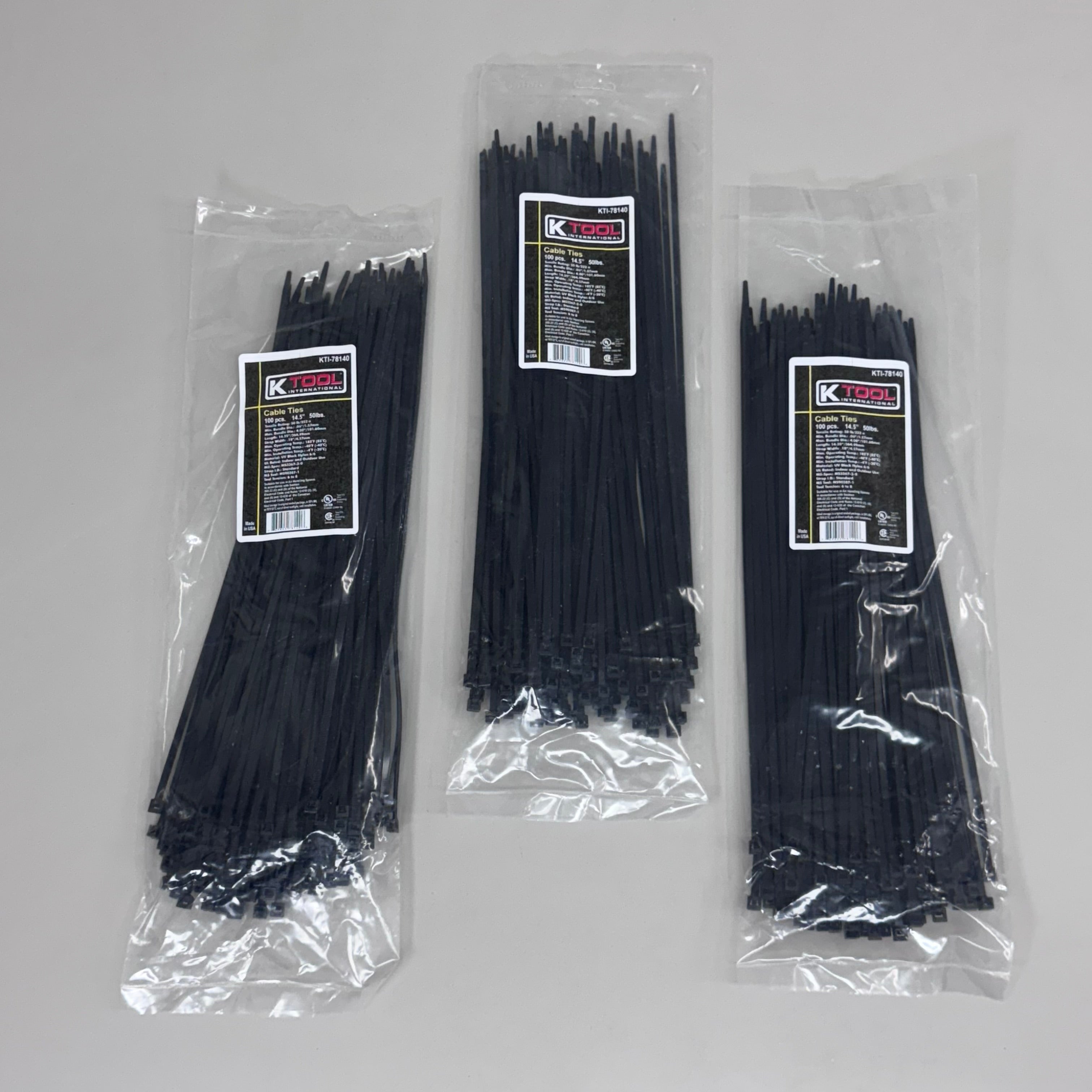 KTOOL (300 PACK)Cable Ties 50lbs Tensile Rating 14"L Strap Width 18" Black Nylon