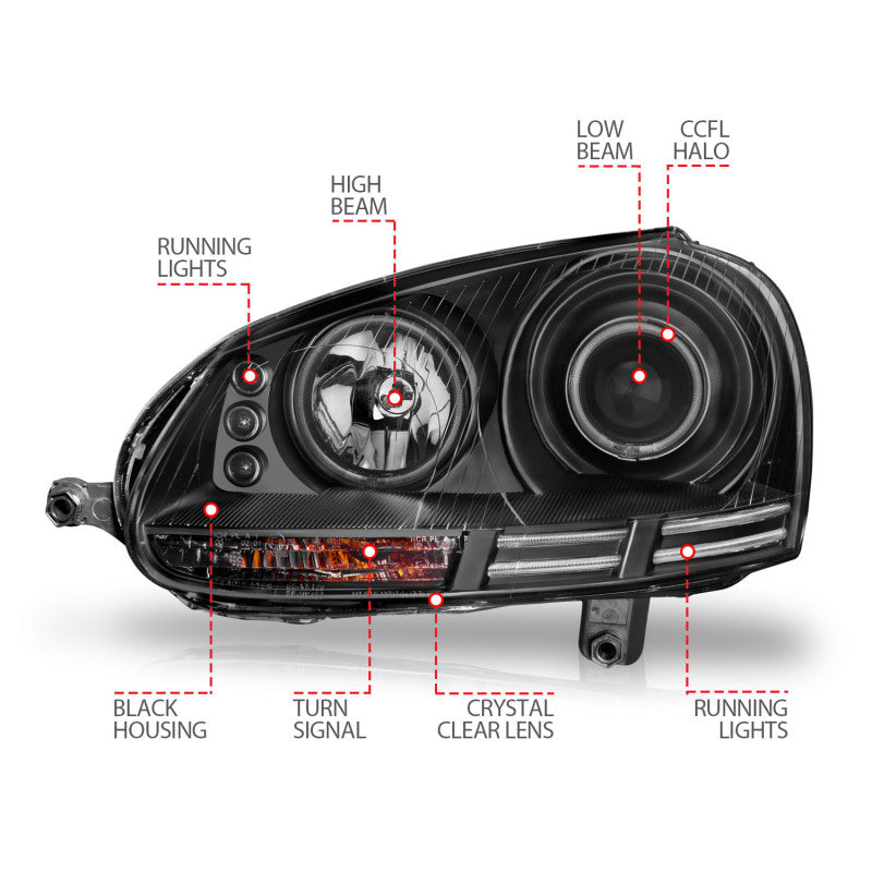 Anzo 2006-2009 Volkswagen Rabbit Projector Headlights w/ Halo Black (CCFL)