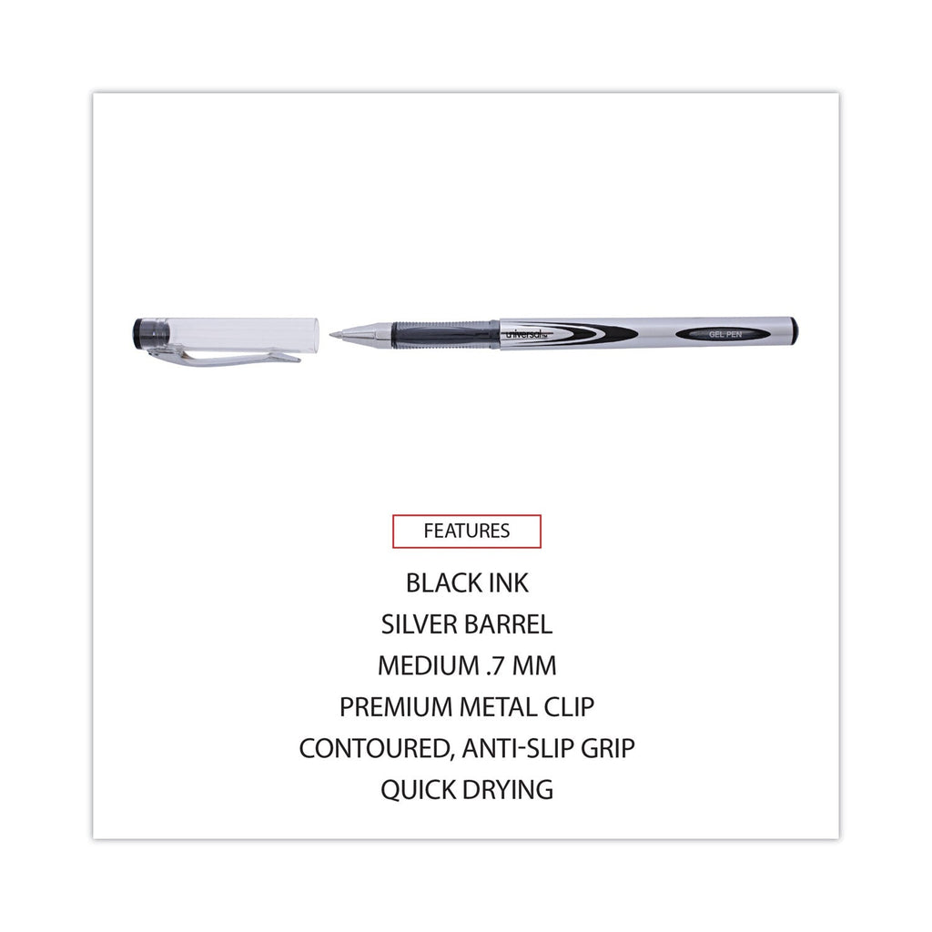 Universal Gel Pen, Stick, Medium 0.7 mm, Black Ink, Silver/Black Barrel, Dozen