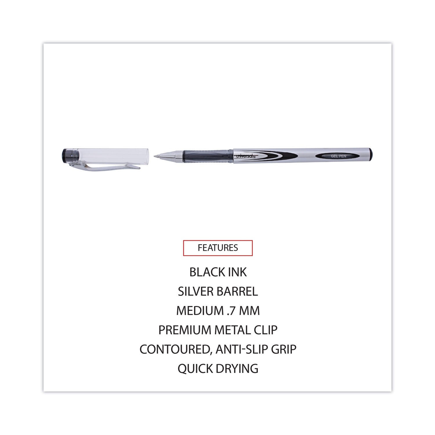 Universal Gel Pen, Stick, Medium 0.7 mm, Black Ink, Silver/Black Barrel, Dozen