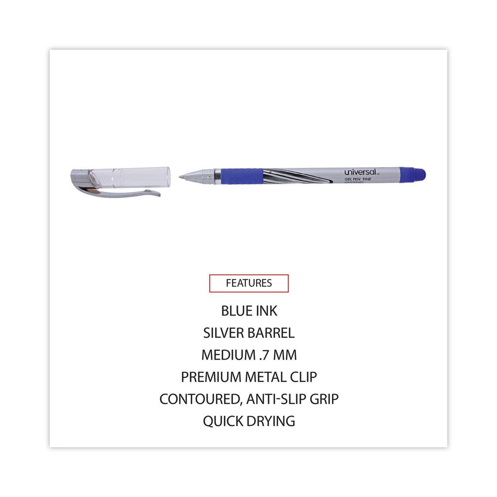 Universal Gel Pen, Stick, Medium 0.7 mm, Blue Ink, Silver/Blue Barrel, Dozen