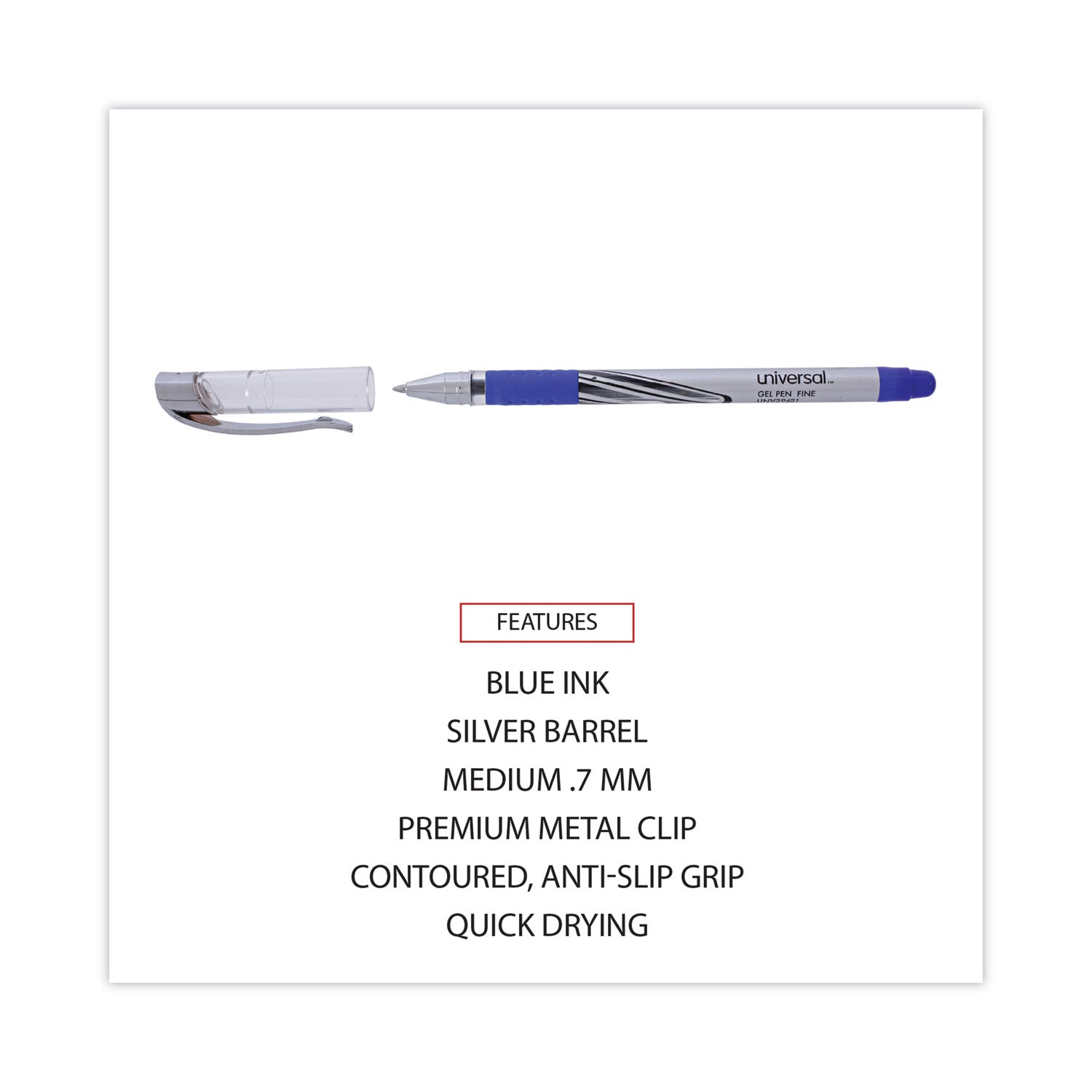 Universal Gel Pen, Stick, Medium 0.7 mm, Blue Ink, Silver/Blue Barrel, Dozen