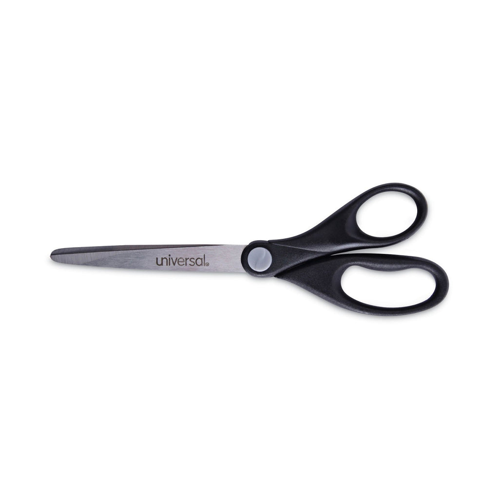 Universal Stainless Steel Office Scissors, Pointed Tip, 7" Long, 3" Cut Length, Black Straight Handle