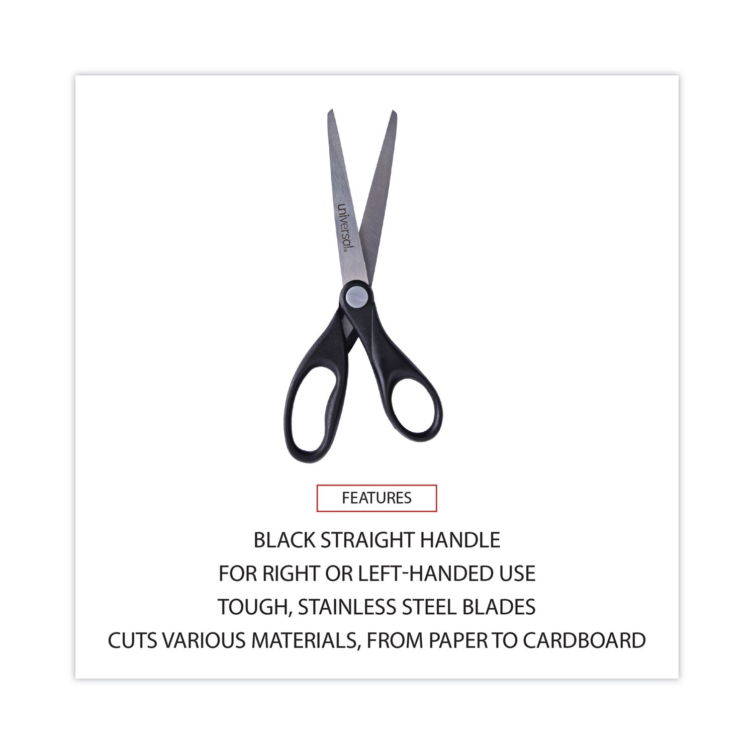 Universal Stainless Steel Office Scissors, Pointed Tip, 7" Long, 3" Cut Length, Black Straight Handle