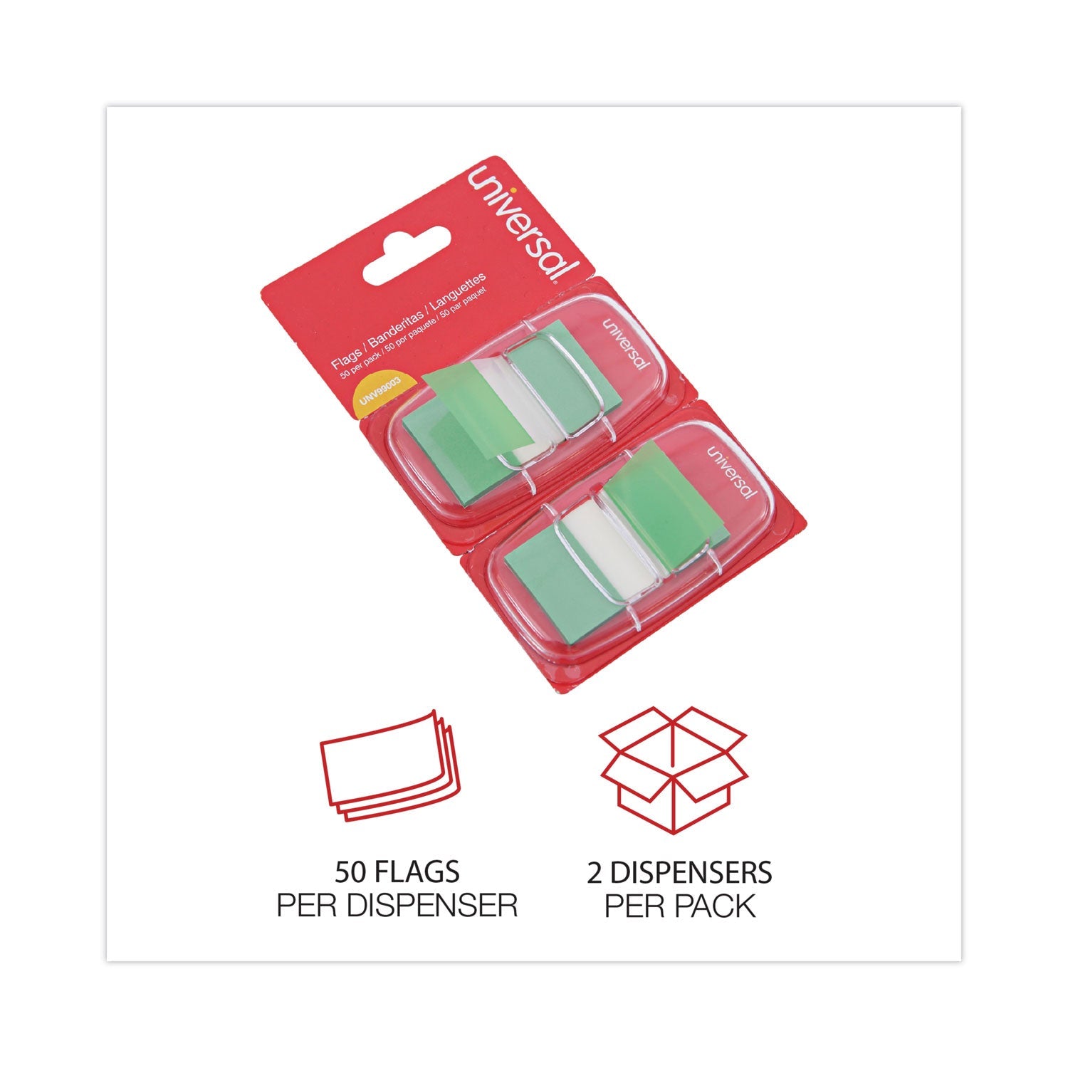 Universal Page Flags, Green, 50 Flags/Dispenser, 2 Dispensers/Pack