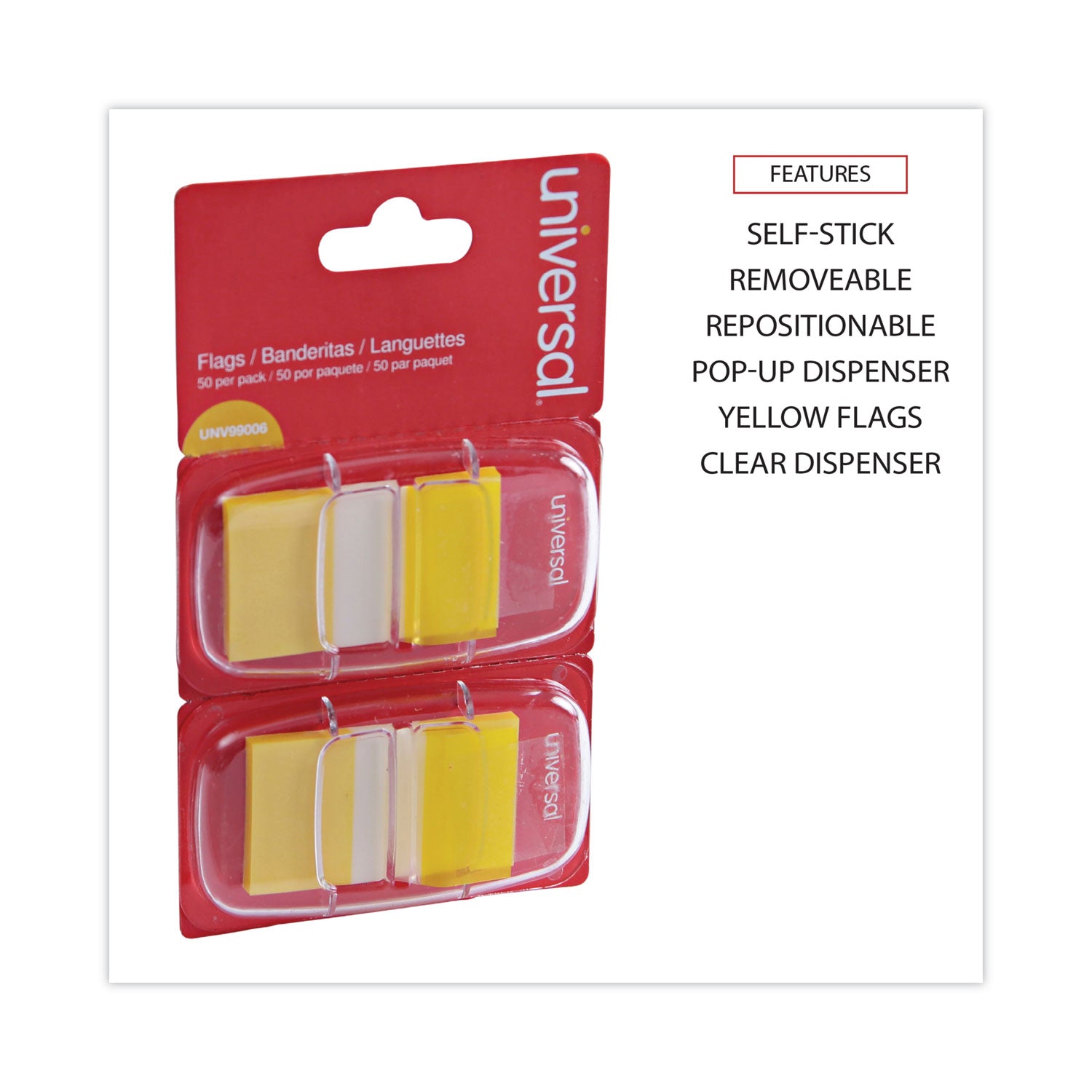 Universal Page Flags, Yellow, 50 Flags/Dispenser, 2 Dispensers/Pack