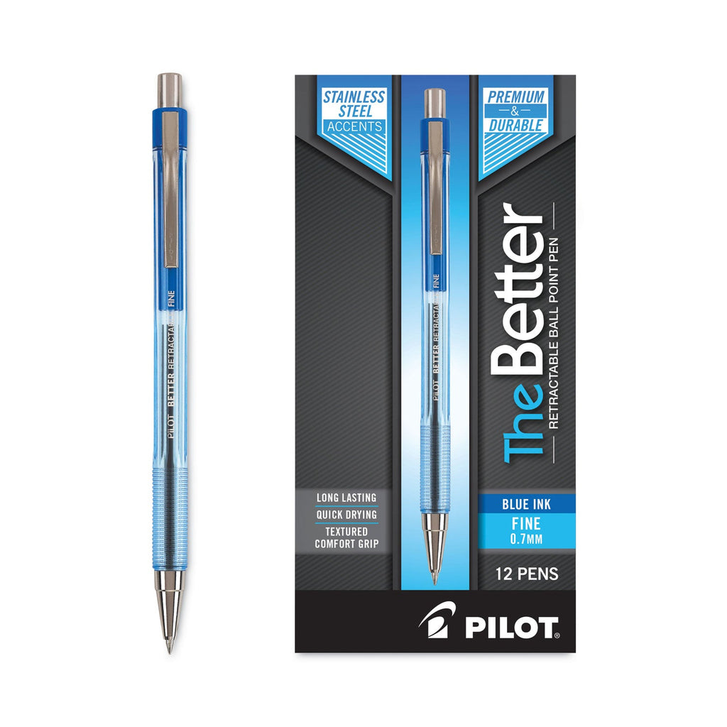 Pilot Better Ballpoint Pen, Retractable, Fine 0.7 mm, Blue Ink, Translucent Blue Barrel, Dozen