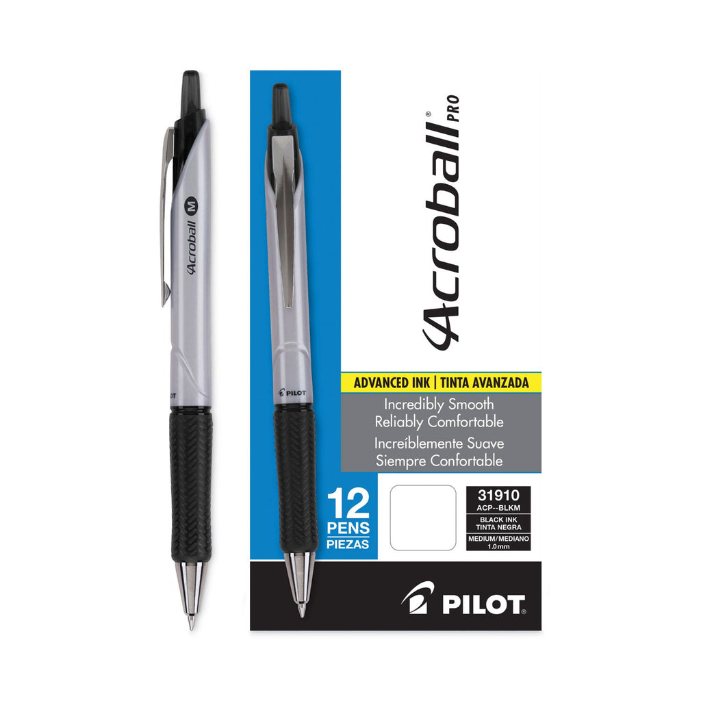 Pilot Acroball Pro Advanced Ink Ballpoint Pen, Retractable, Medium 1 mm, Black Ink, Silver Barrel, Dozen