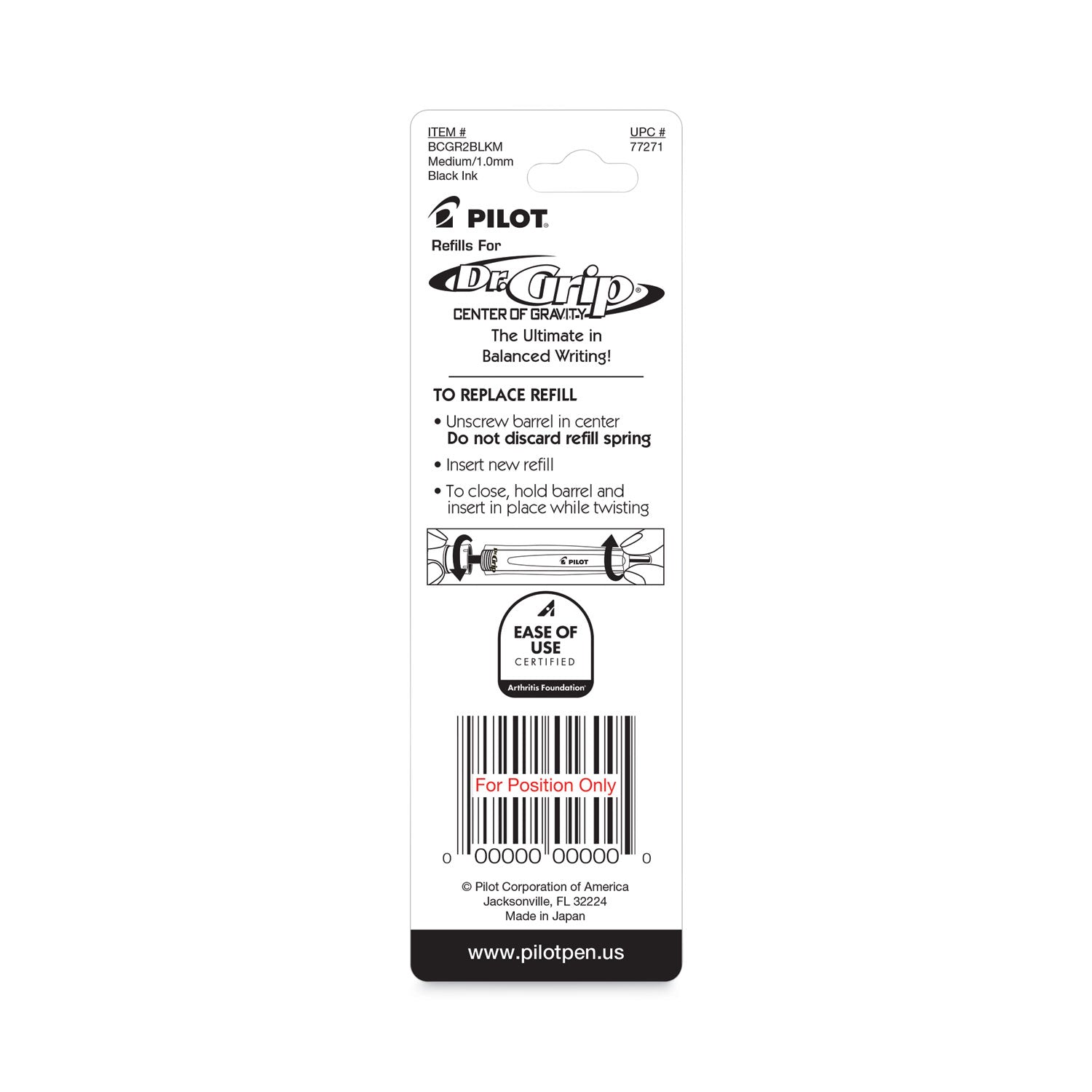 Pilot Refill for Pilot Dr. Grip Center of Gravity Ballpoint Pens, Medium Conical Tip, Black Ink, 2/Pack