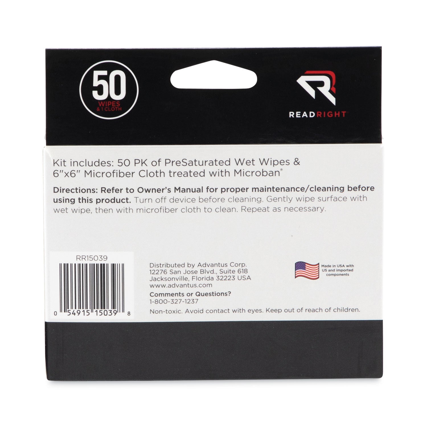 Read Right AllScreen Screen Cleaning Kit, 50 Individually Wrapped Presaturated Wipes, 1 Microfiber Cloth/Box