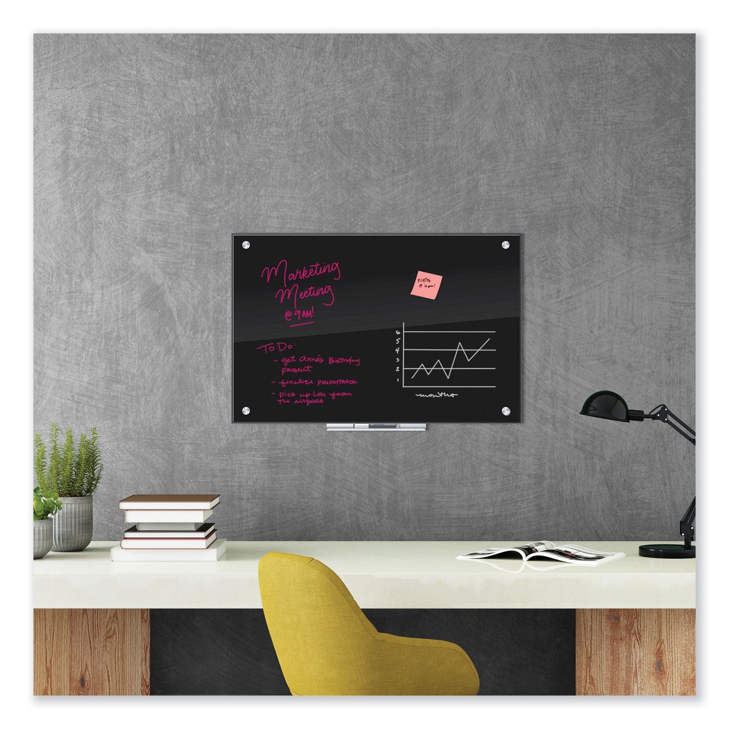 U Brands Black Glass Dry Erase Board, 35 x 23