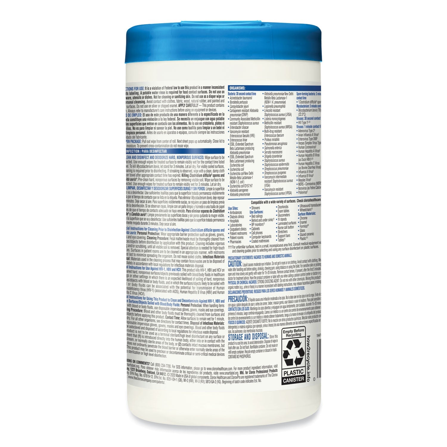 Clorox Bleach Germicidal Wipes, 6.75 x 9, Unscented, 70/Canister