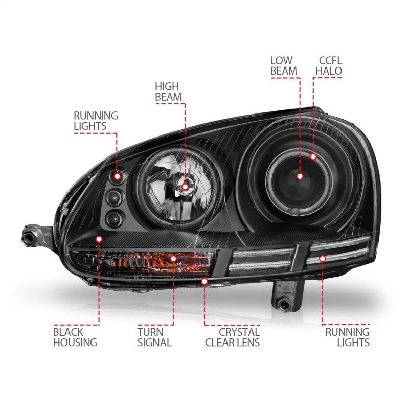 Anzo 2006-2009 Volkswagen Rabbit Projector Headlights w/ Halo Black (CCFL)
