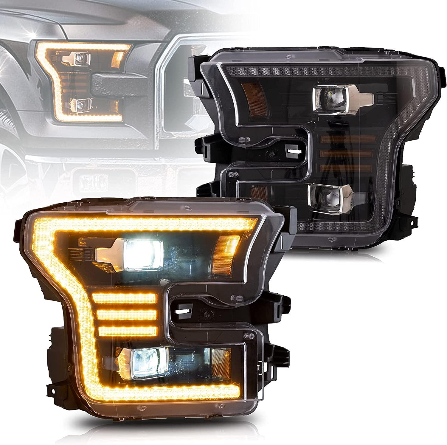 LED Headlight Assembly Dual Beam Projector Black For 2015-2017 F150 (Fit Factory Halogen Version Only)