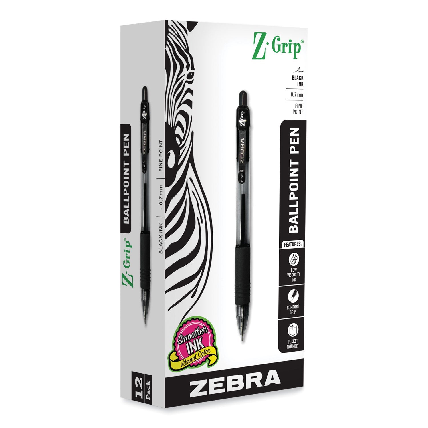 Zebra Z-Grip Ballpoint Pen, Retractable, Medium 0.7 mm, Black Ink, Black Tinted Barrel, 12/Pack