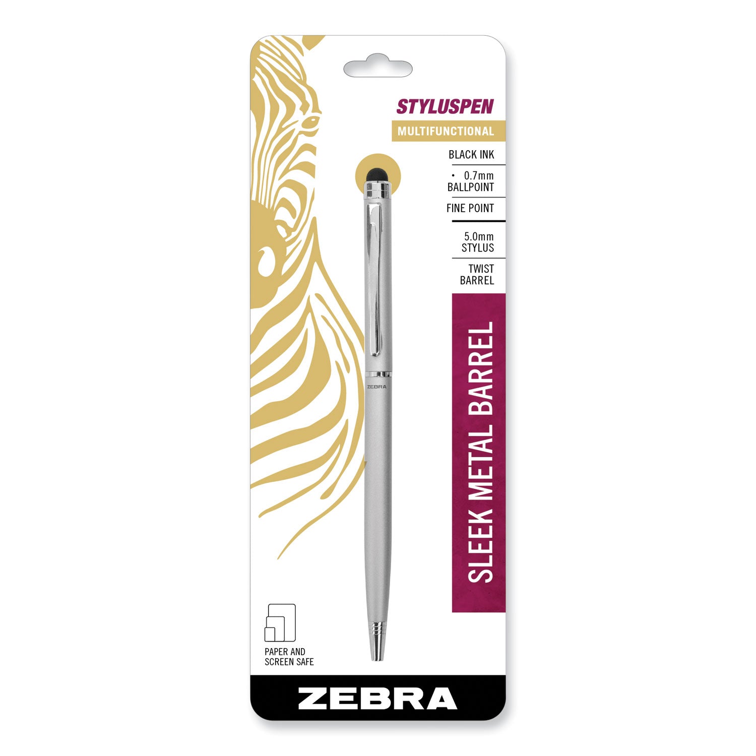 Zebra StylusPen Twist Ballpoint Pen/Stylus, Silver