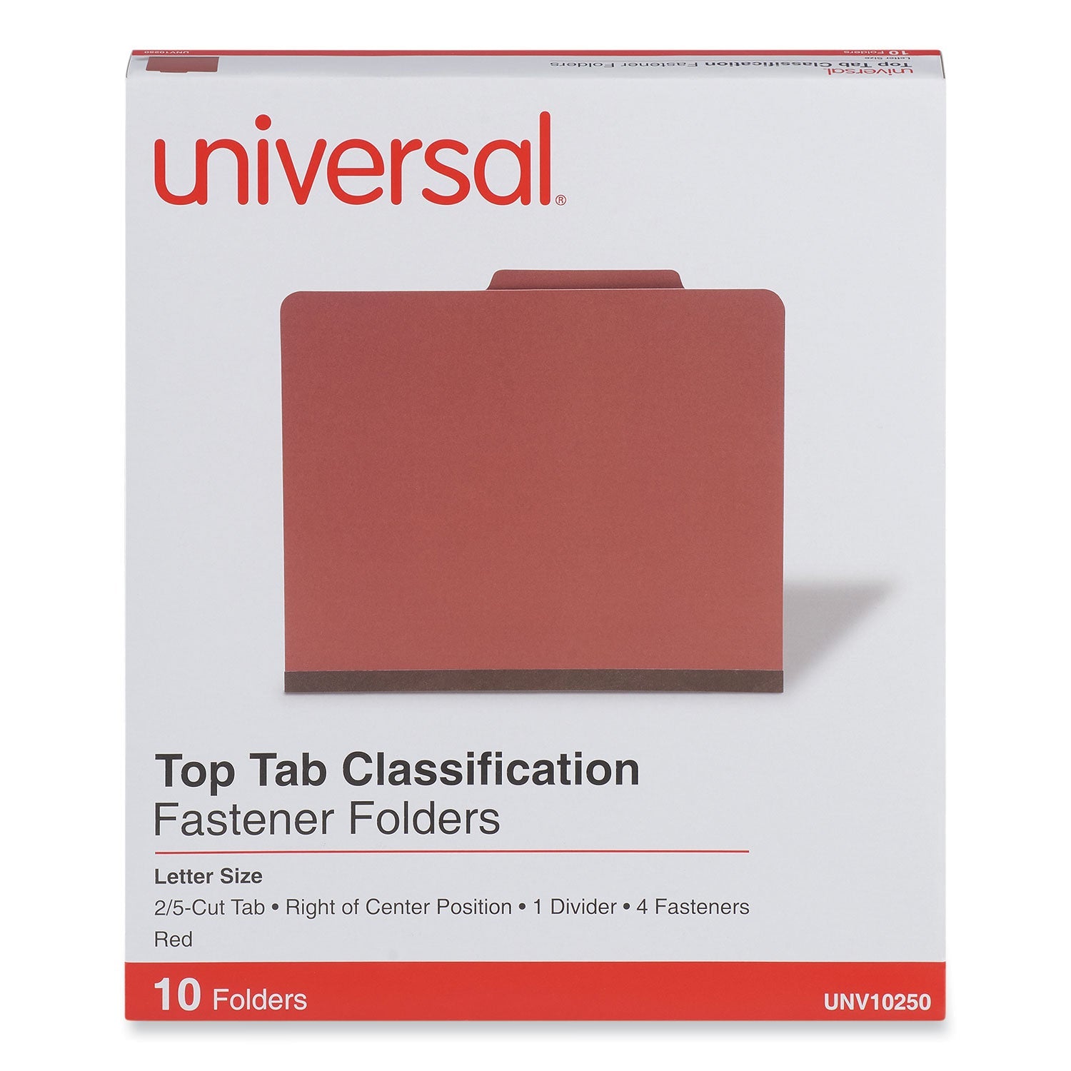 Universal Four-Section Pressboard Classification Folders, 1 Divider, Letter Size, Red, 10/Box
