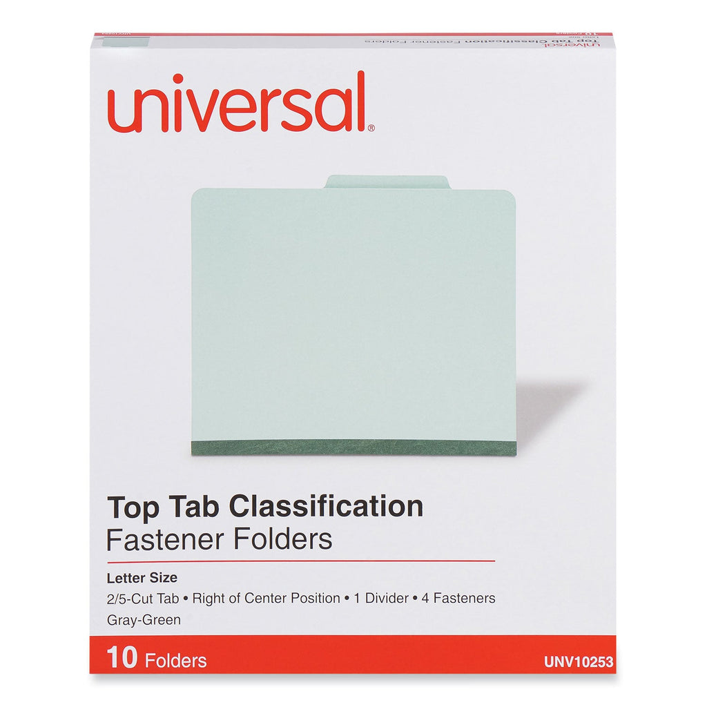 Universal Four-Section Pressboard Classification Folders, 1 Divider, Letter Size, Gray-Green, 10/Box