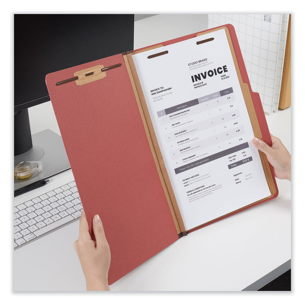 Universal Six--Section Pressboard Classification Folders, 2 Dividers, Legal Size, Red, 10/Box