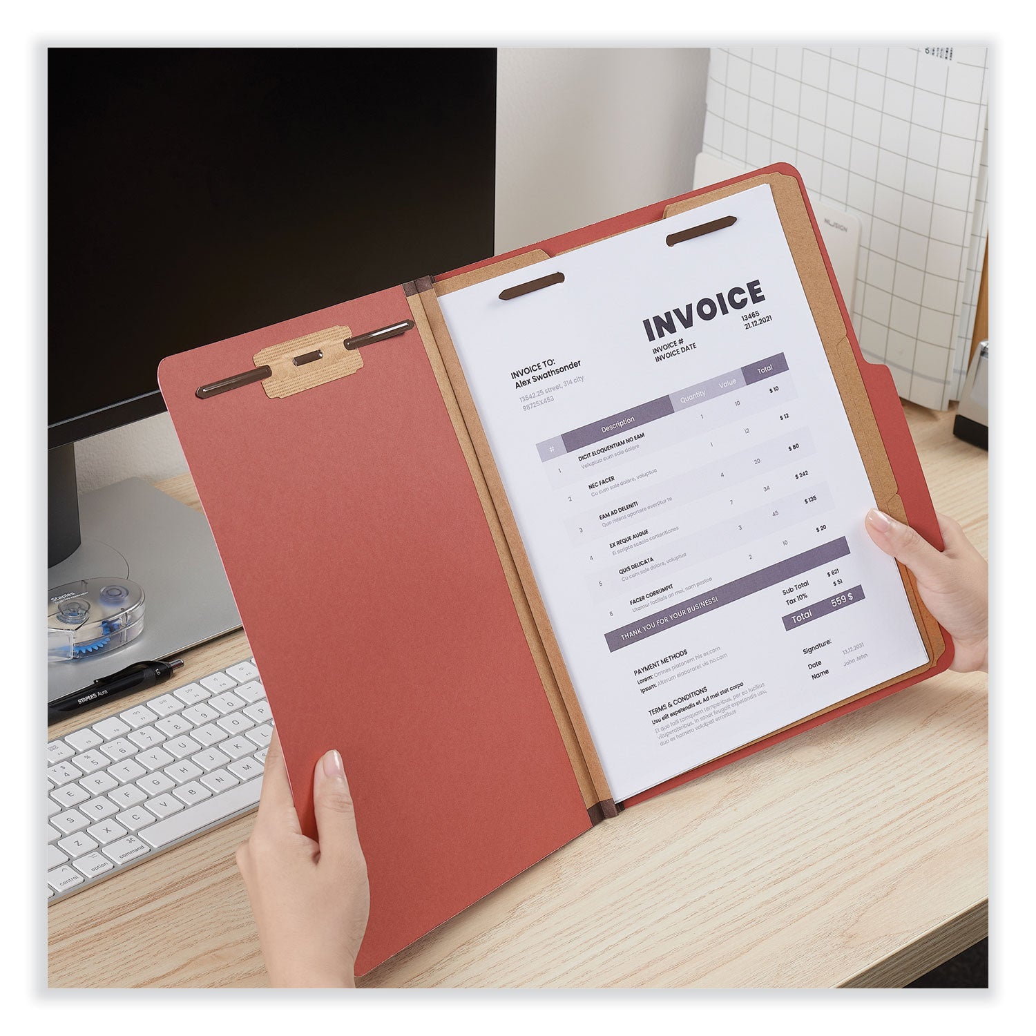 Universal Eight-Section Pressboard Classification Folders, 3 Dividers, Letter Size, Red, 10/Box
