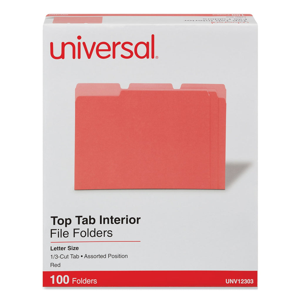 Universal Interior File Folders, 1/3-Cut Tabs: Assorted, Letter Size, 11-pt Stock, Red, 100/Box
