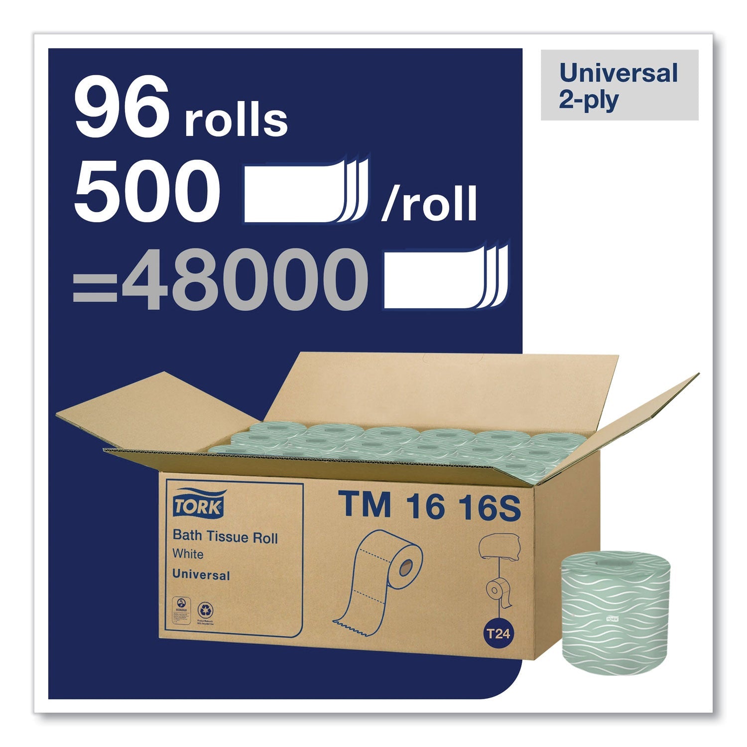 Tork Universal Bath Tissue, Septic Safe, 2-Ply, White, 500 Sheets/Roll, 96 Rolls/Carton