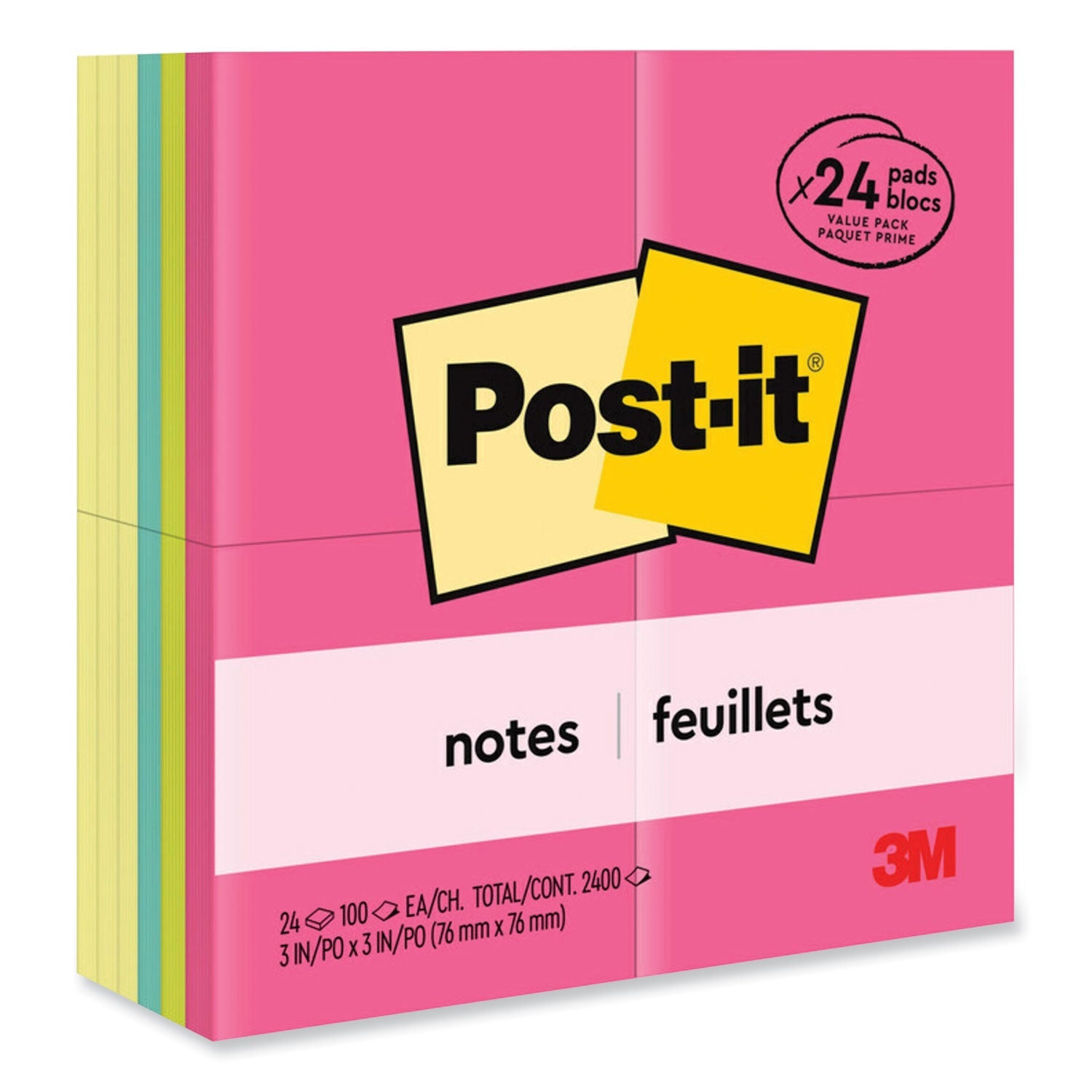 Post-it Original Pads Assorted Value Pack, 3" x 3", (12) Canary Yellow, (12) Poptimistic Collection, 100 Sheets/Pad, 24 Pads/Pack